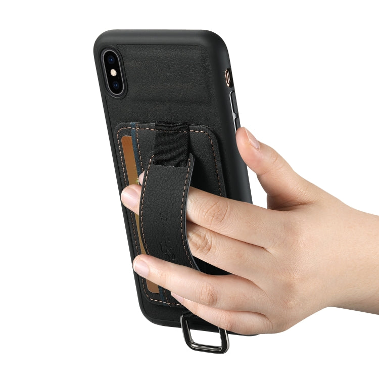 For iPhone X / XS Suteni H13 Litchi Leather Wrist Strap Wallet Back Phone Case(Black) by Suteni