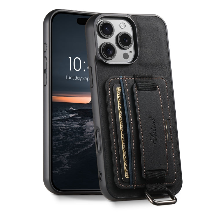 For iPhone 16 Pro Max Suteni H13 Litchi Leather Wrist Strap Wallet Back Phone Case(Black) by Suteni