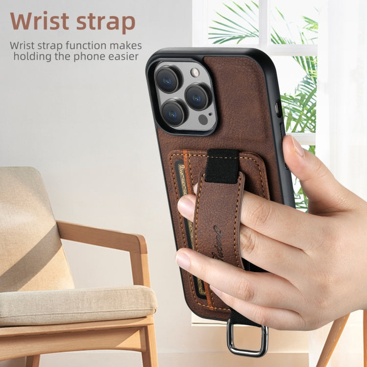 For iPhone 16 Pro Max Suteni H13 Litchi Leather Wrist Strap Wallet Back Phone Case(Brown) by Suteni
