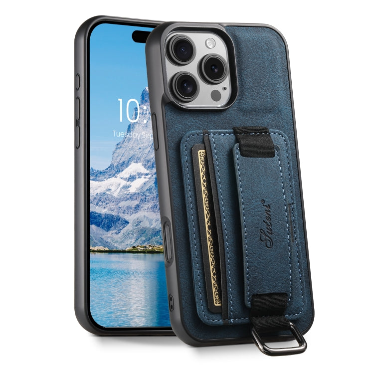 For iPhone 16 Pro Max Suteni H13 Litchi Leather Wrist Strap Wallet Back Phone Case(Blue) by Suteni