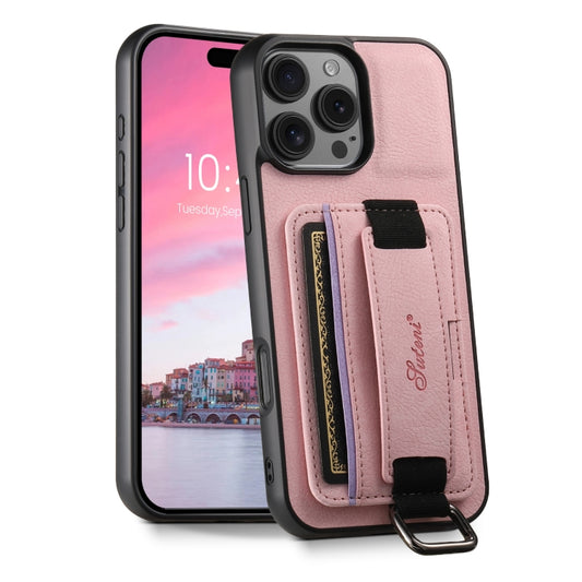 For iPhone 16 Pro Max Suteni H13 Litchi Leather Wrist Strap Wallet Back Phone Case(Pink) by Suteni