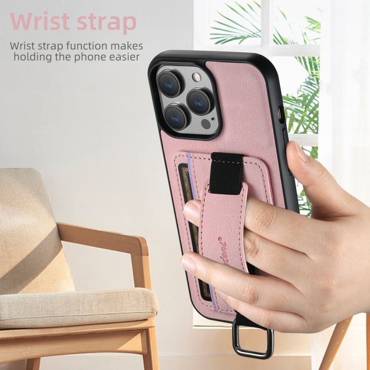 For iPhone 16 Pro Max Suteni H13 Litchi Leather Wrist Strap Wallet Back Phone Case(Pink) by Suteni