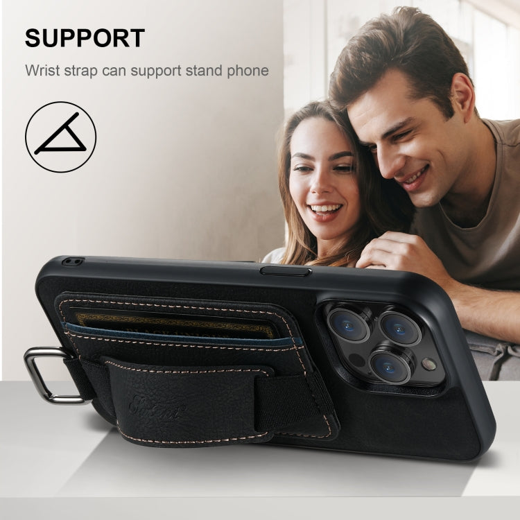 For iPhone 16 Plus Suteni H13 Litchi Leather Wrist Strap Wallet Back Phone Case(Black) by Suteni