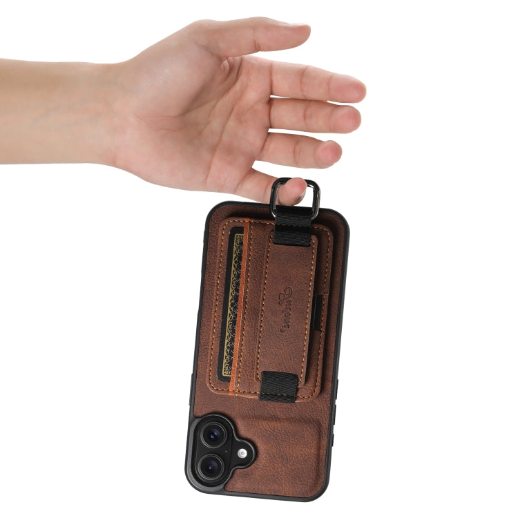 For iPhone 16 Plus Suteni H13 Litchi Leather Wrist Strap Wallet Back Phone Case(Brown) by Suteni