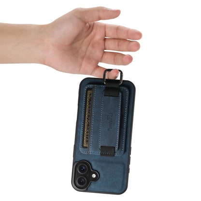 For iPhone 16 Plus Suteni H13 Litchi Leather Wrist Strap Wallet Back Phone Case(Blue) by Suteni