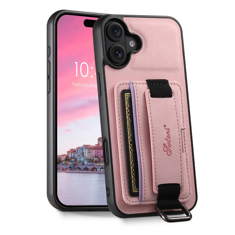 For iPhone 16 Plus Suteni H13 Litchi Leather Wrist Strap Wallet Back Phone Case(Pink) by Suteni
