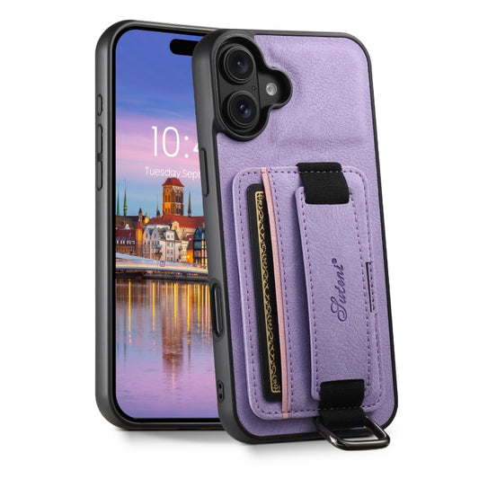 For iPhone 16 Plus Suteni H13 Litchi Leather Wrist Strap Wallet Back Phone Case(Purple) by Suteni