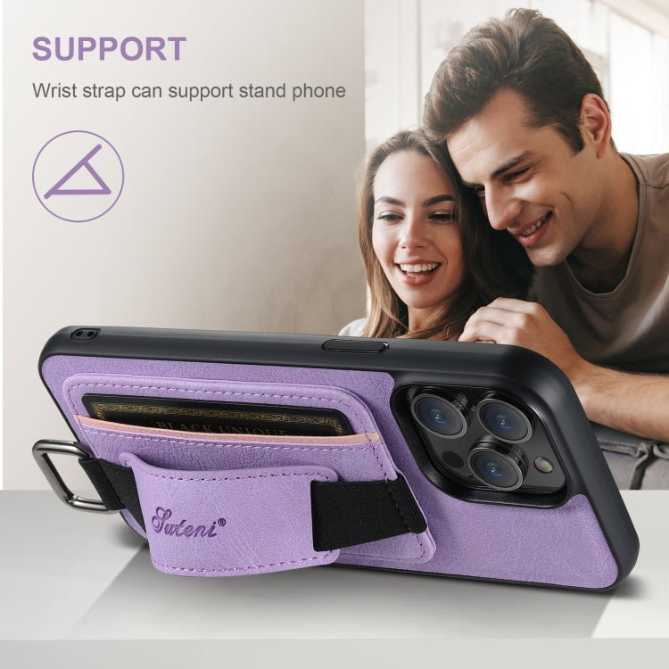 For iPhone 16 Plus Suteni H13 Litchi Leather Wrist Strap Wallet Back Phone Case(Purple) by Suteni