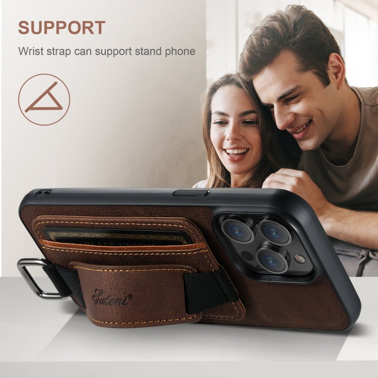 For iPhone 16 Pro Suteni H13 Litchi Leather Wrist Strap Wallet Back Phone Case(Brown) by Suteni