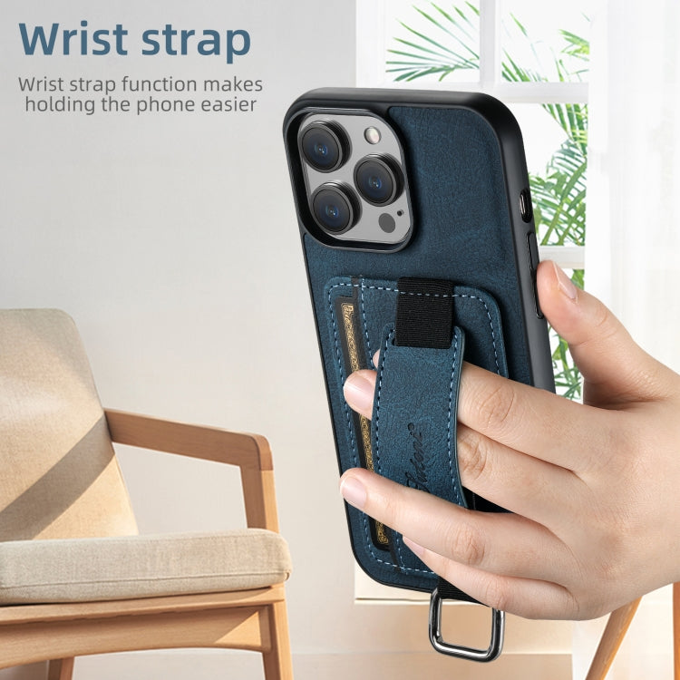 For iPhone 16 Pro Suteni H13 Litchi Leather Wrist Strap Wallet Back Phone Case(Blue) by Suteni