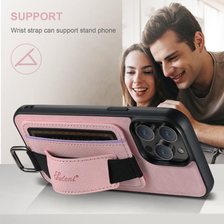 For iPhone 16 Pro Suteni H13 Litchi Leather Wrist Strap Wallet Back Phone Case(Pink) by Suteni