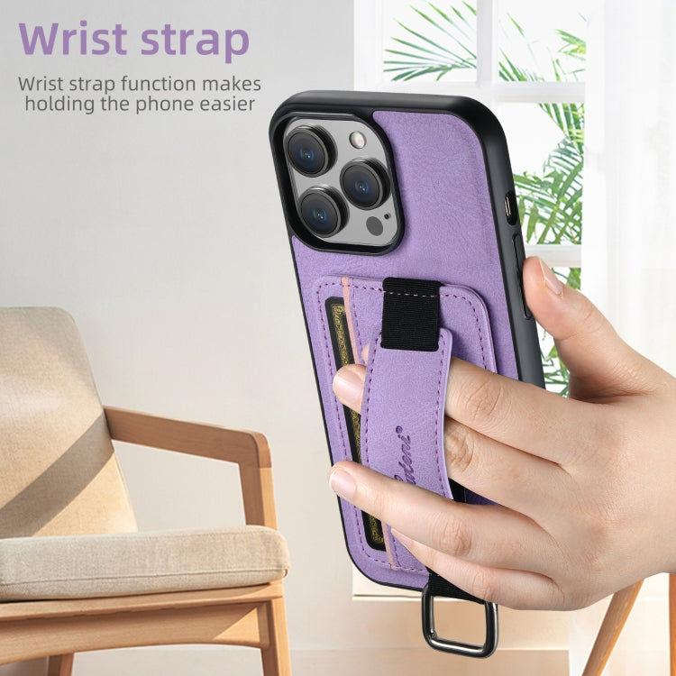 For iPhone 16 Pro Suteni H13 Litchi Leather Wrist Strap Wallet Back Phone Case(Purple) by Suteni