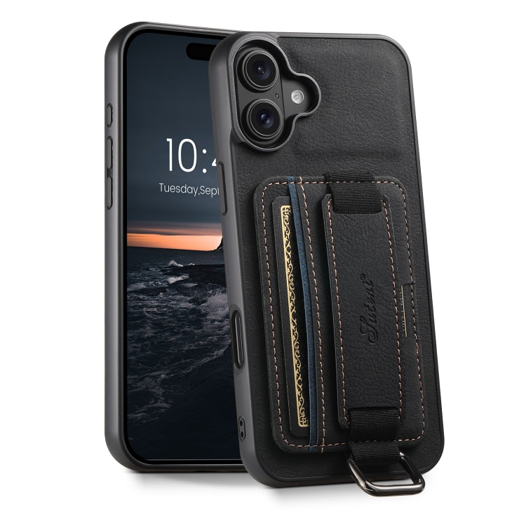 For iPhone 16 Suteni H13 Litchi Leather Wrist Strap Wallet Back Phone Case(Black) by Suteni