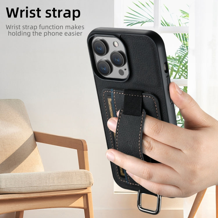 For iPhone 16 Suteni H13 Litchi Leather Wrist Strap Wallet Back Phone Case(Black) by Suteni