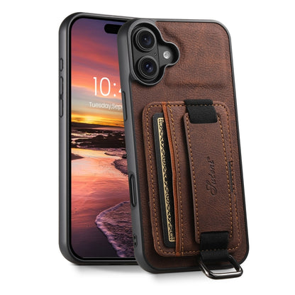 For iPhone 16 Suteni H13 Litchi Leather Wrist Strap Wallet Back Phone Case(Brown) by Suteni
