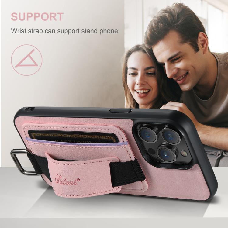 For iPhone 16e Suteni H13 Litchi Leather Wrist Strap Wallet Back Phone Case(Pink) by Suteni