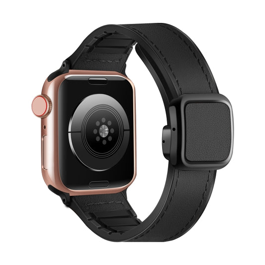 For Apple Watch Series 8 45mm Fold Magnetic Square Buckle PU Silicone Watch Band(Black) by bashfashion