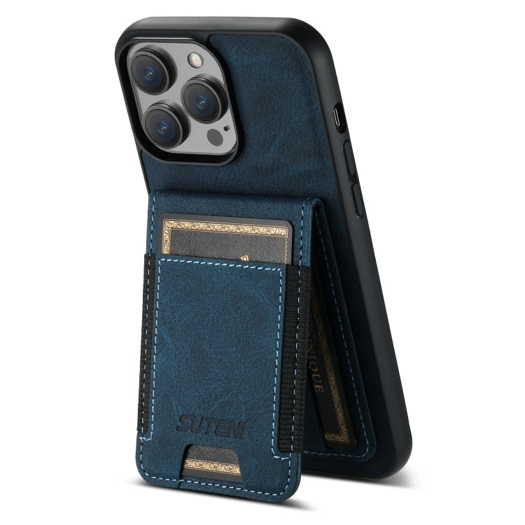 For iPhone 15 Pro Suteni H03 Litchi Leather Card Bag Stand Back Phone Case(Blue) by Suteni