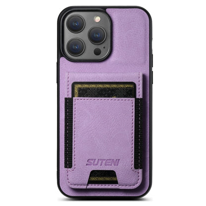 For iPhone 15 Pro Suteni H03 Litchi Leather Card Bag Stand Back Phone Case(Purple) by Suteni