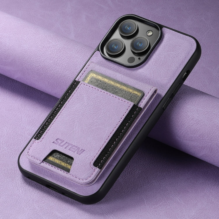 For iPhone 15 Pro Suteni H03 Litchi Leather Card Bag Stand Back Phone Case(Purple) by Suteni