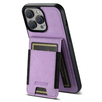 For iPhone 15 Pro Suteni H03 Litchi Leather Card Bag Stand Back Phone Case(Purple) by Suteni