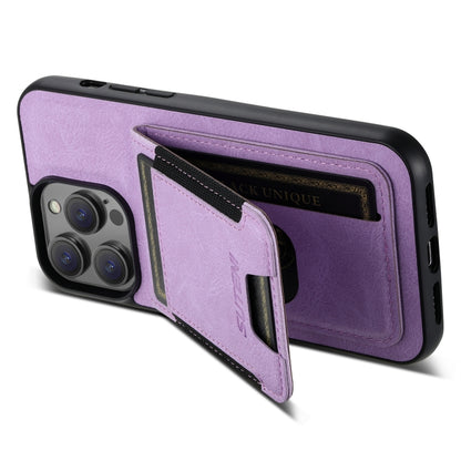 For iPhone 15 Pro Suteni H03 Litchi Leather Card Bag Stand Back Phone Case(Purple) by Suteni