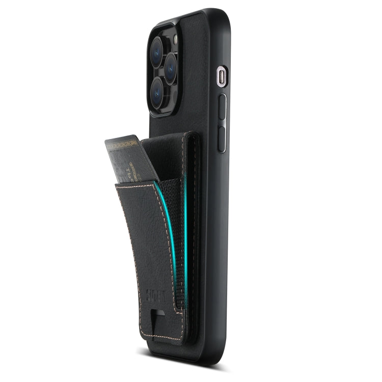 For iPhone 14 Plus Suteni H03 Litchi Leather Card Bag Stand Back Phone Case(Black) by Suteni
