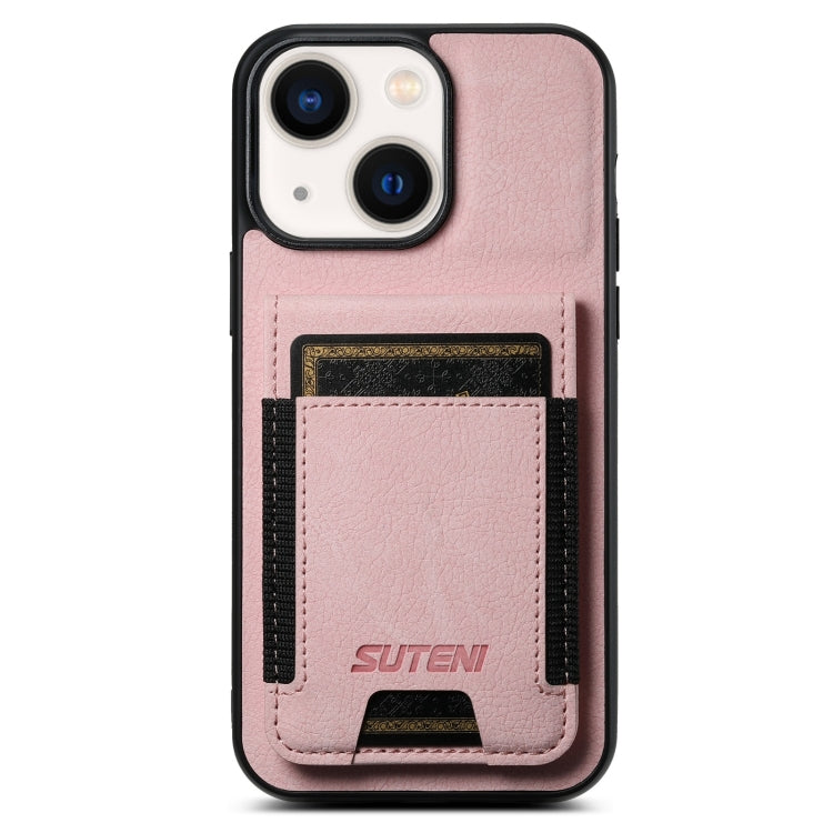 For iPhone 14 Suteni H03 Litchi Leather Card Bag Stand Back Phone Case(Pink) by Suteni
