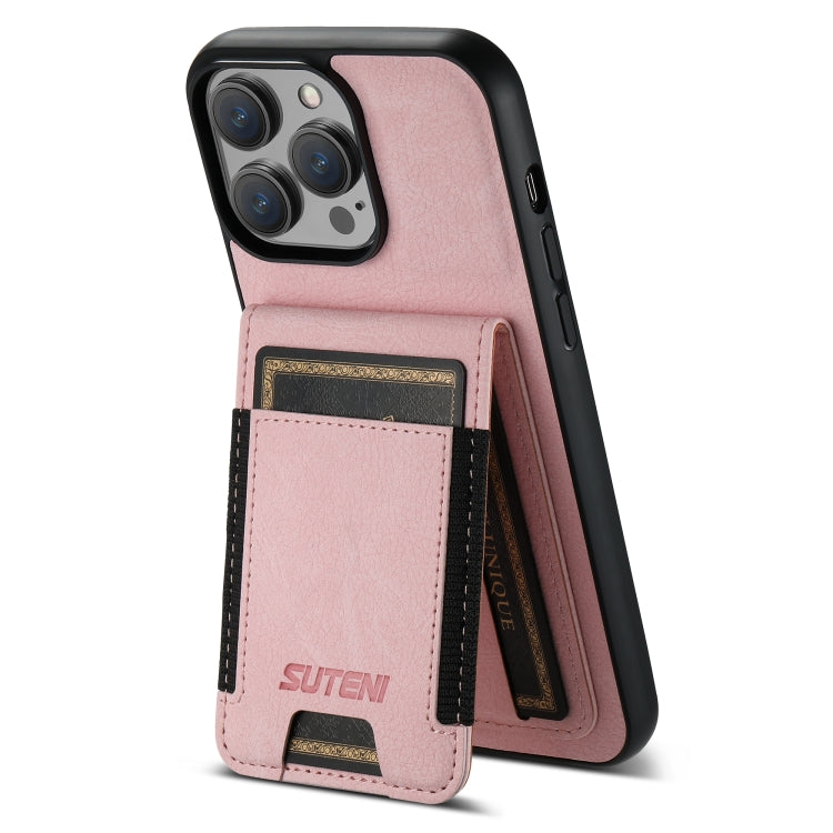 For iPhone 14 Suteni H03 Litchi Leather Card Bag Stand Back Phone Case(Pink) by Suteni