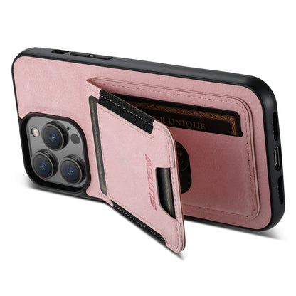 For iPhone 14 Suteni H03 Litchi Leather Card Bag Stand Back Phone Case(Pink) by Suteni