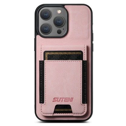 For iPhone 14 Pro Suteni H03 Litchi Leather Card Bag Stand Back Phone Case(Pink) by Suteni
