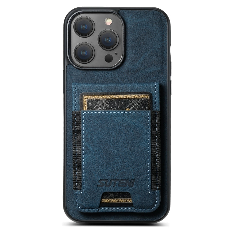 For iPhone 14 Pro Max Suteni H03 Litchi Leather Card Bag Stand Back Phone Case(Blue) by Suteni