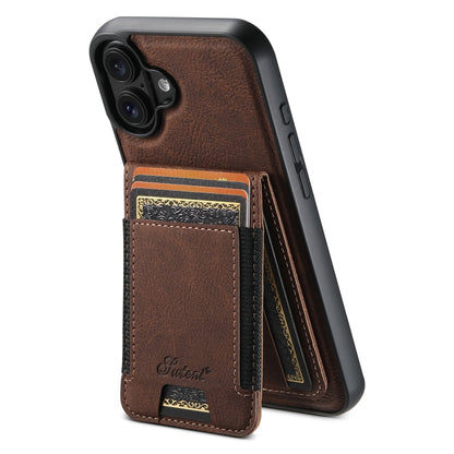 For iPhone 16 Plus Suteni H17 Litchi Texture Leather MagSafe Detachable Wallet Phone Case(Brown) by Suteni