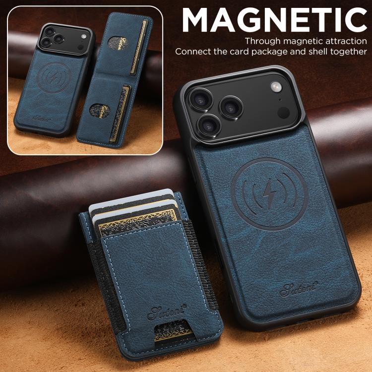 For iPhone 17 Pro Suteni H17 Litchi Texture Leather MagSafe Detachable Wallet Phone Case(Blue) by Suteni