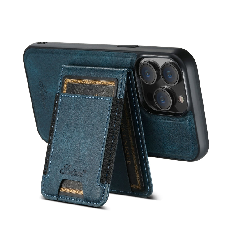 For iPhone 15 Pro Suteni H17 Oil Eax Leather MagSafe Detachable Wallet Phone Case(Blue) by Suteni