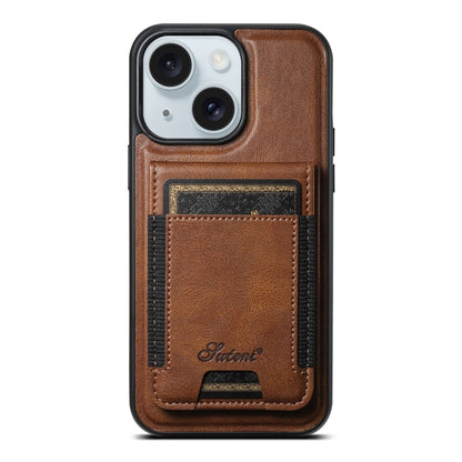 For iPhone 15 Plus Suteni H17 Oil Eax Leather MagSafe Detachable Wallet Phone Case(Brown) by Suteni