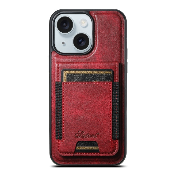 For iPhone 15 Plus Suteni H17 Oil Eax Leather MagSafe Detachable Wallet Phone Case(Red) by Suteni