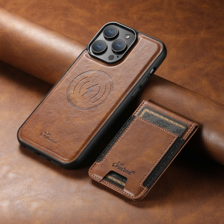 For iPhone 14 Pro Suteni H17 Oil Eax Leather MagSafe Detachable Wallet Phone Case(Brown) by Suteni