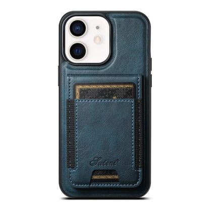 For iPhone 12 Suteni H17 Oil Eax Leather MagSafe Detachable Wallet Phone Case(Blue) by Suteni