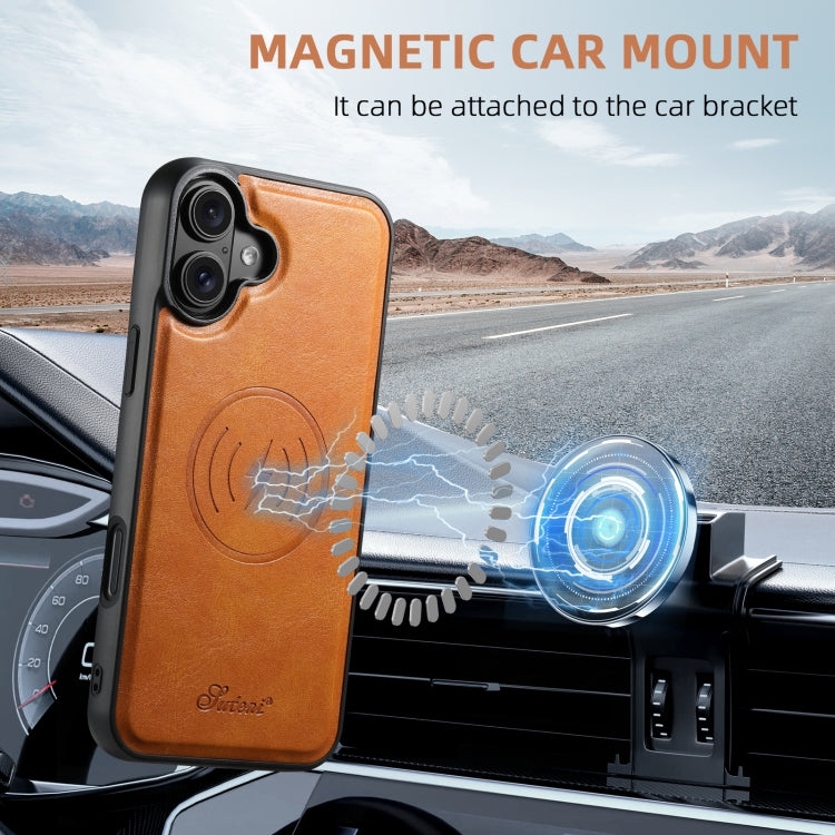 For iPhone 16 Plus Suteni H17 Oil Eax Leather MagSafe Detachable Wallet Phone Case(Khaki) by Suteni