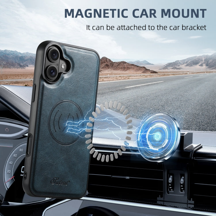 For iPhone 16 Plus Suteni H17 Oil Eax Leather MagSafe Detachable Wallet Phone Case(Blue) by Suteni