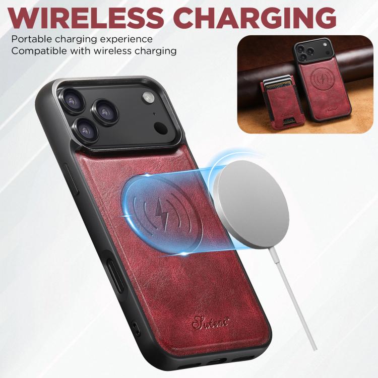 For iPhone 17 Pro Max Suteni H17 Oil Eax Leather MagSafe Detachable Wallet Phone Case(Red) by Suteni