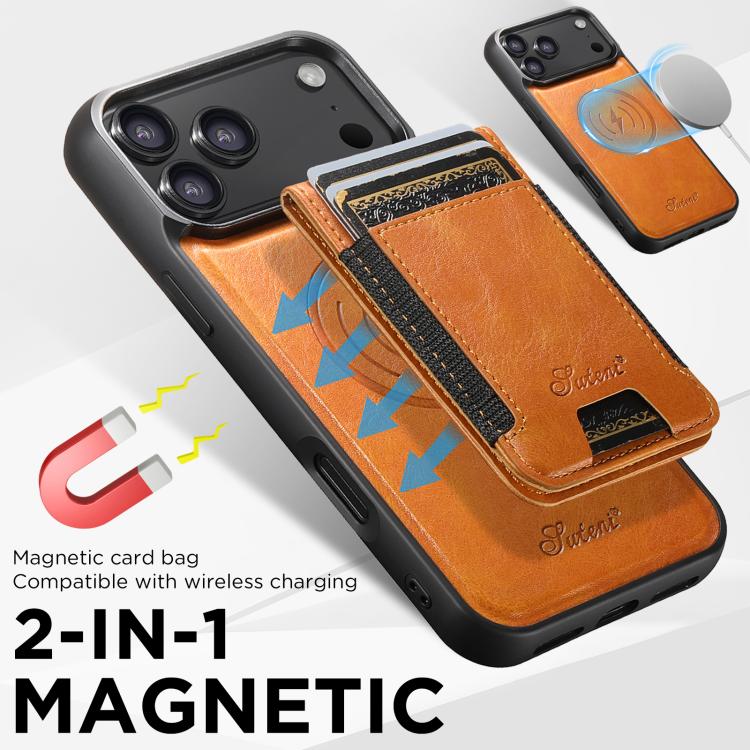 For iPhone 17 Pro Max Suteni H17 Oil Eax Leather MagSafe Detachable Wallet Phone Case(Khaki) by Suteni