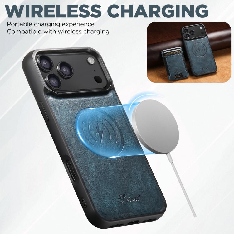 For iPhone 17 Pro Max Suteni H17 Oil Eax Leather MagSafe Detachable Wallet Phone Case(Blue) by Suteni