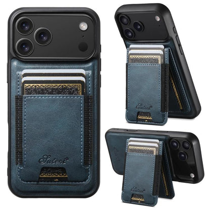 For iPhone 17 Pro Suteni H17 Oil Eax Leather MagSafe Detachable Wallet Phone Case(Blue) by Suteni