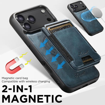 For iPhone 17 Suteni H17 Oil Eax Leather MagSafe Detachable Wallet Phone Case(Blue) by Suteni