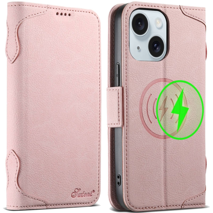 For iPhone 15 SUTENI J07 Multifunctional Horizontal Flip Magsafe Leather Phone Case(Pink) by Suteni