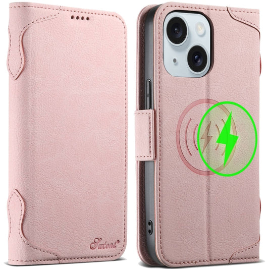For iPhone 15 SUTENI J07 Multifunctional Horizontal Flip Magsafe Leather Phone Case(Pink) by Suteni