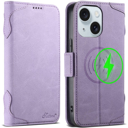For iPhone 15 Plus SUTENI J07 Multifunctional Horizontal Flip Magsafe Leather Phone Case(Purple) by Suteni