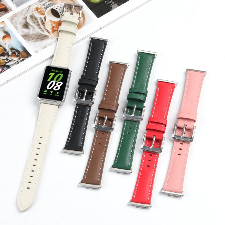 For Samsung Galaxy Watch Fit 3 Leather Sewing Thread Pin Buckle Watch Band(Beige) by bashfashion